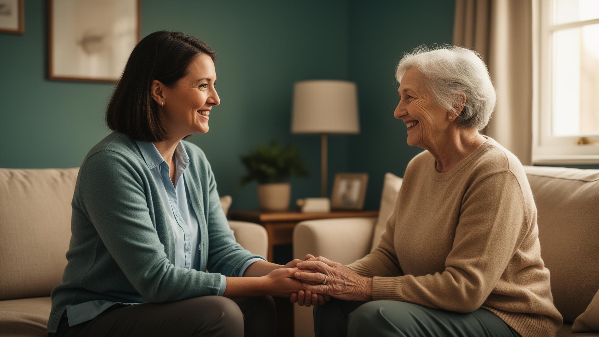 A social worker holding hands with an elderly client